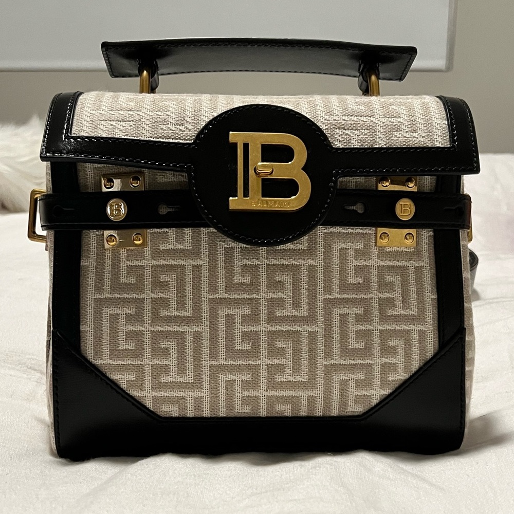 Balmain B Buzz 23 Monogram Jacquard Linen Satchel Purse